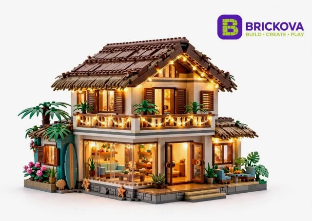BRICKOVA Holiday Beach Villa - Light-Up Tropical House Display Build - With Palm Trees & Surfboar